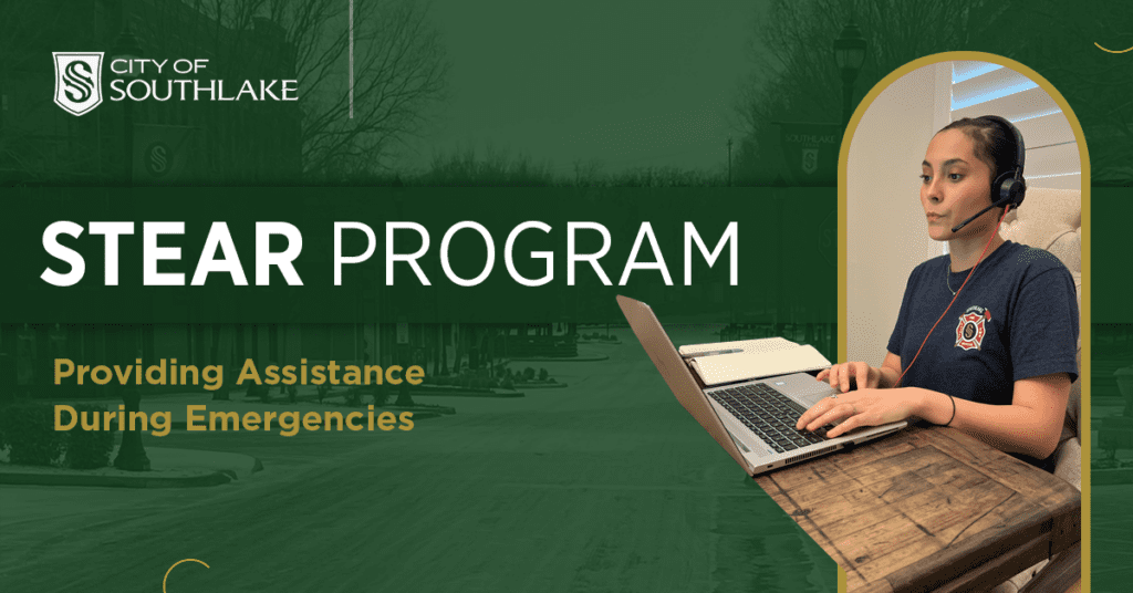 A person wearing a headset and typing on a laptop is seen on the right. On the left, text reads "City of Southlake STEAR Program - Providing Assistance During Emergencies." A background of a tree-lined street is visible.